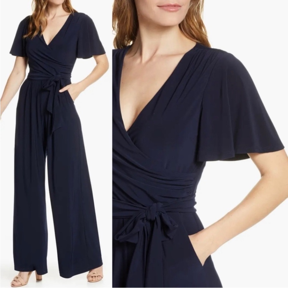 Navy BlueShort-Sleeve Wrap Maxi Jumpsuit Women